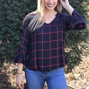Plaid v-neck Bell Sleeve Top